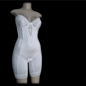 Vintage SATIN All In One BODYSUIT Nylon Shaper PANTY Long Leg Girdle ~ M 36-38 B